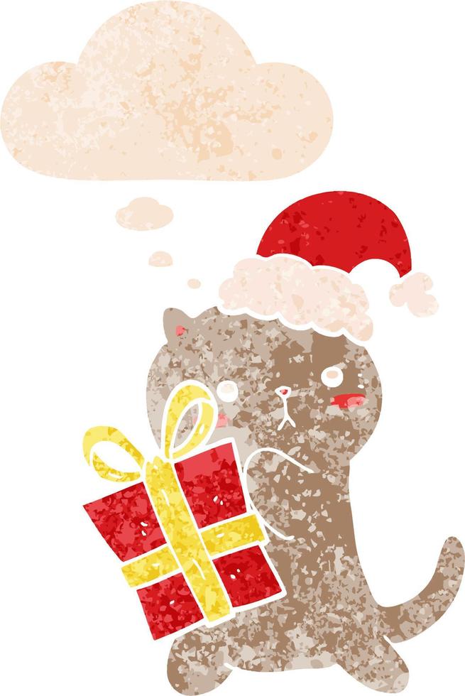cute cartoon cat carrying christmas present and thought bubble in retro textured style vector