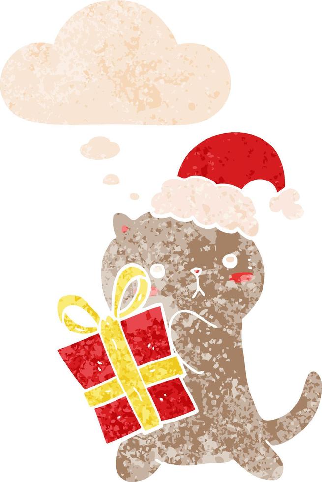 cute cartoon cat carrying christmas present and thought bubble in retro textured style vector