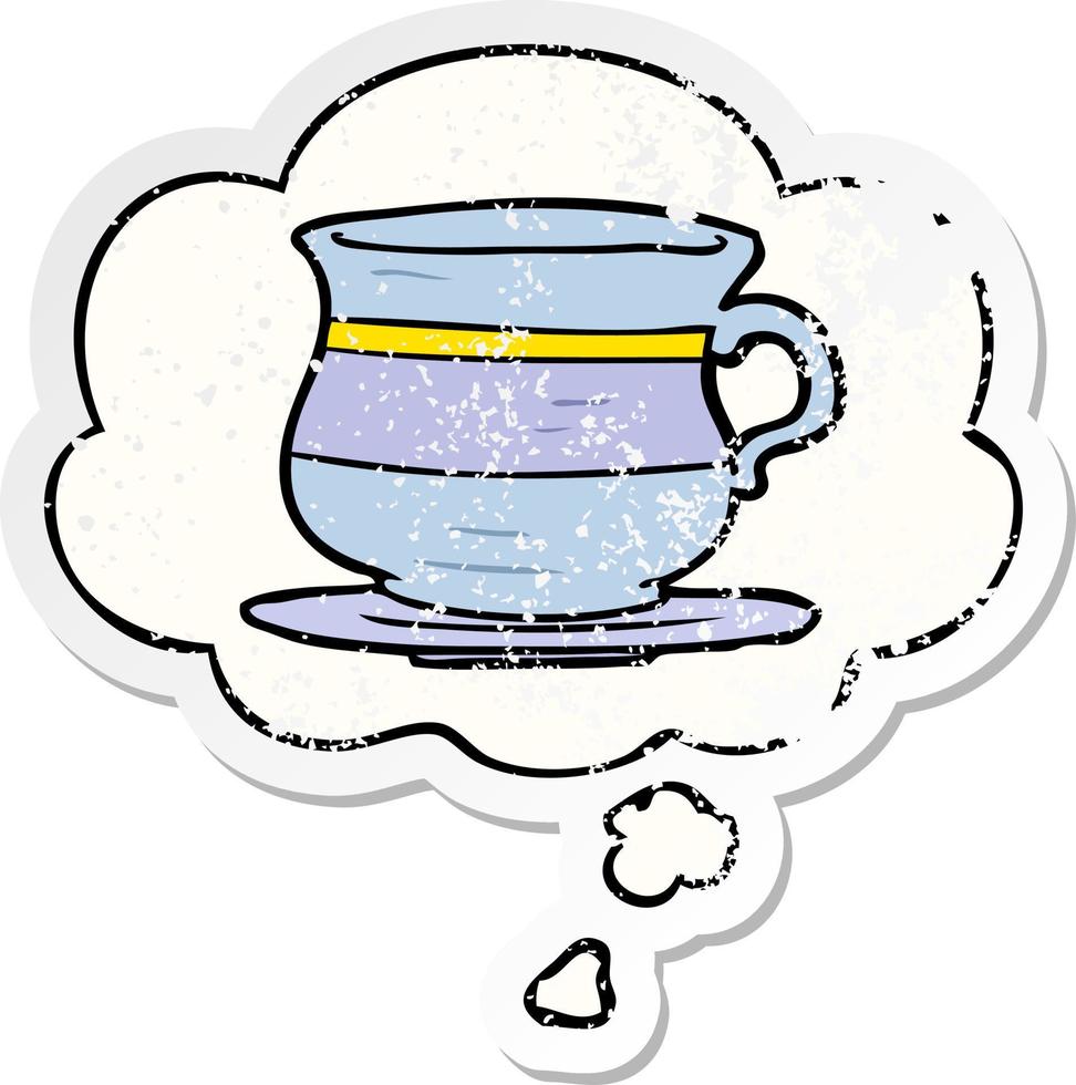 caricatura, taza de té vieja, y, burbuja del pensamiento, como, un, desgastado, pegatina vector