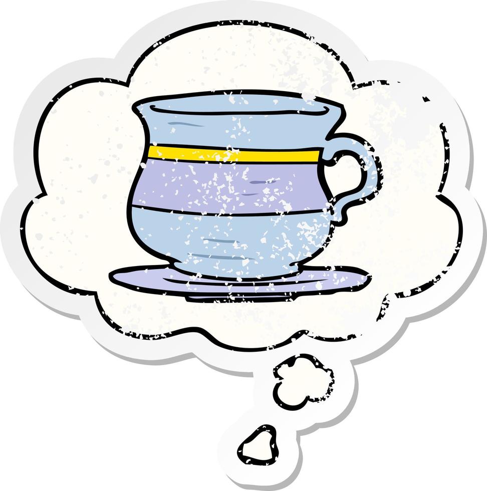 cartoon old tea cup and thought bubble as a distressed worn sticker vector