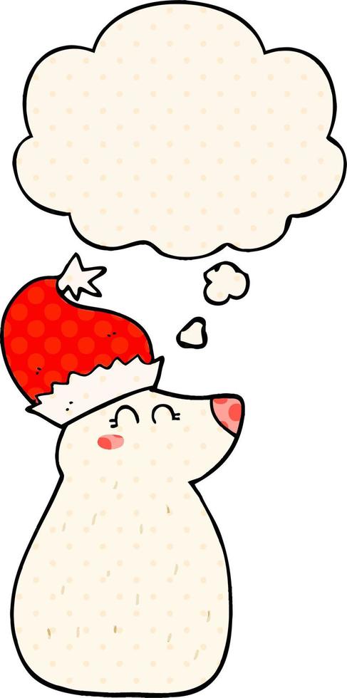 cartoon bear wearing christmas hat and thought bubble in comic book style vector