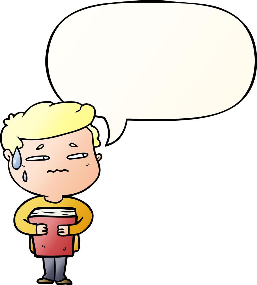 cartoon anxious boy carrying book and speech bubble in smooth gradient style vector