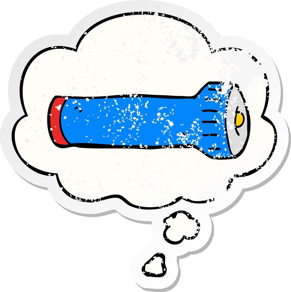 cartoon torch and thought bubble as a distressed worn sticker vector