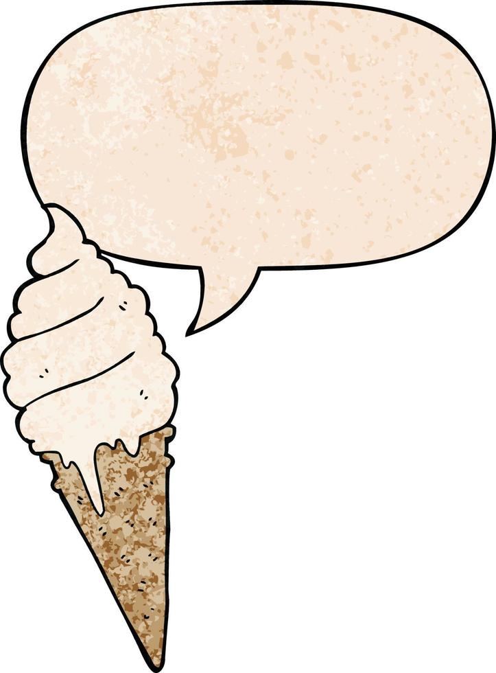 helado de dibujos animados y burbujas de habla en estilo de textura retro vector