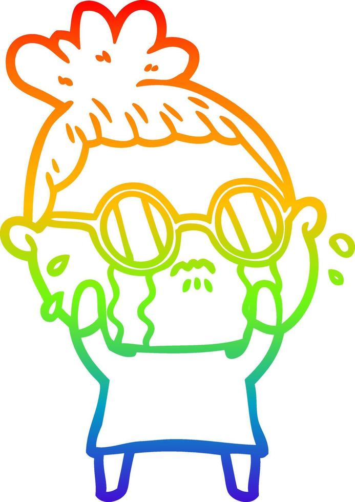 rainbow gradient line drawing cartoon crying woman wearing spectacles vector