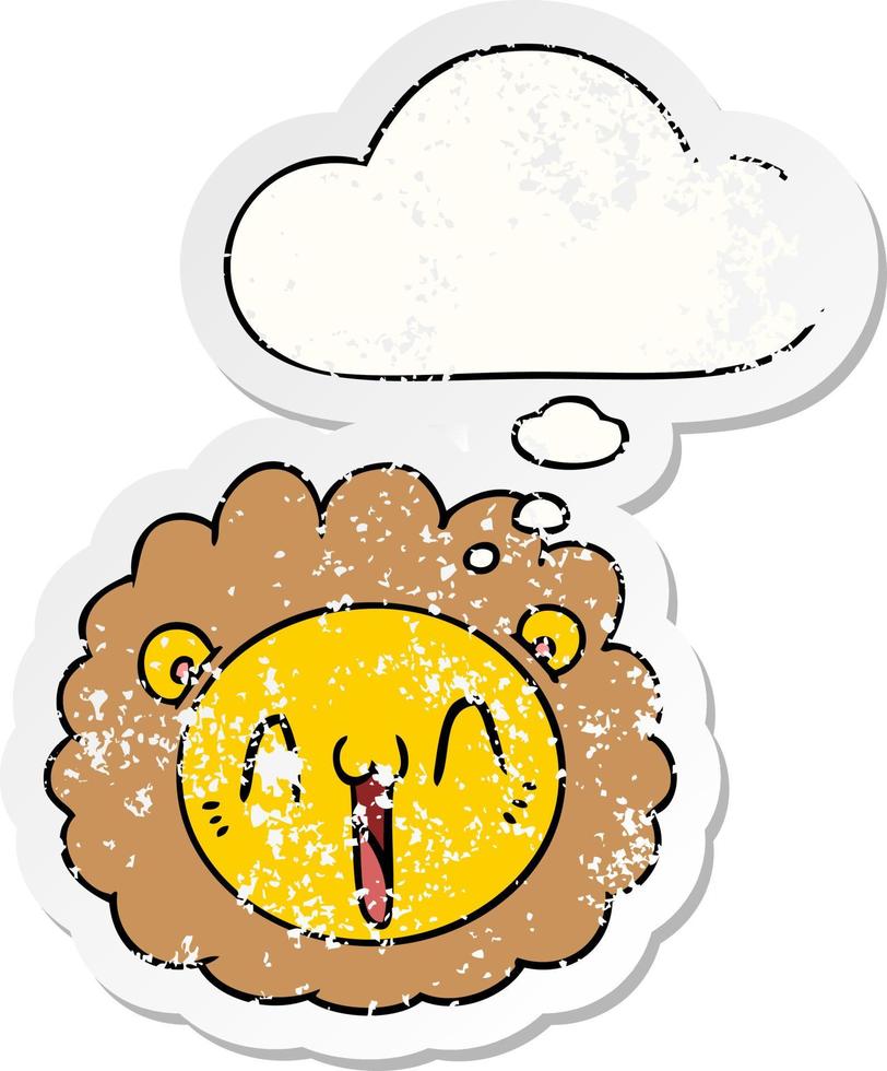 cartoon lion face and thought bubble as a distressed worn sticker vector