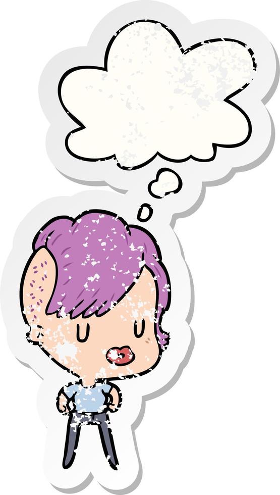 cartoon girl and thought bubble as a distressed worn sticker vector