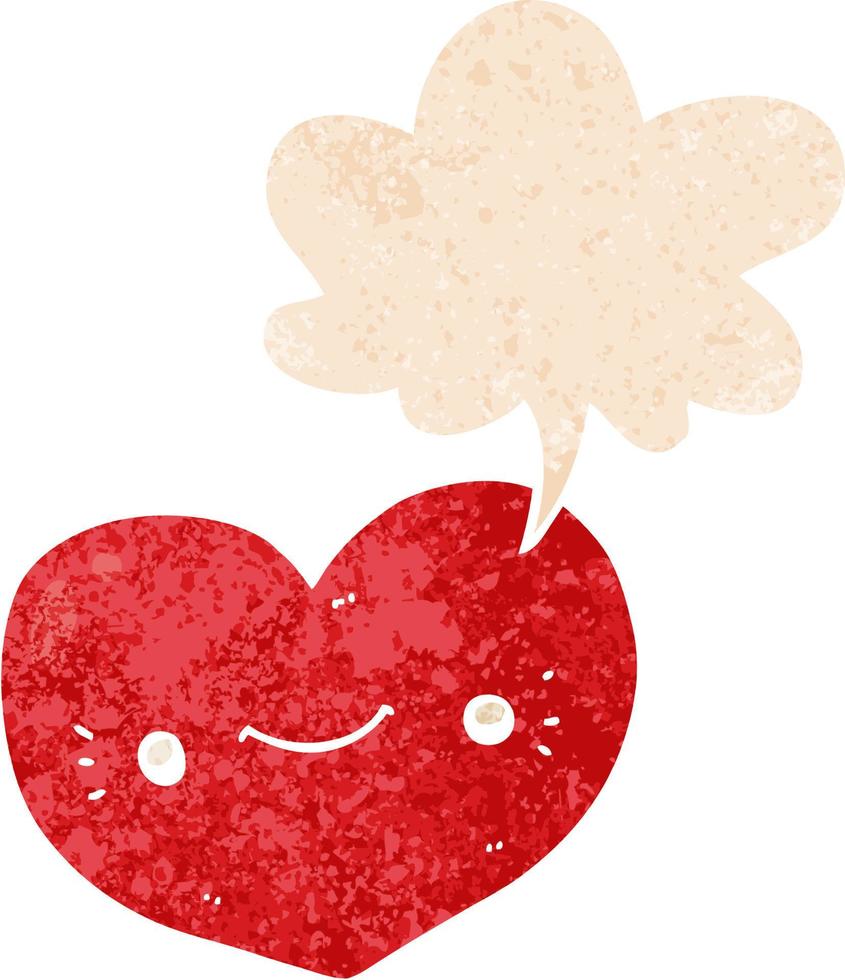 heart cartoon character and speech bubble in retro textured style vector