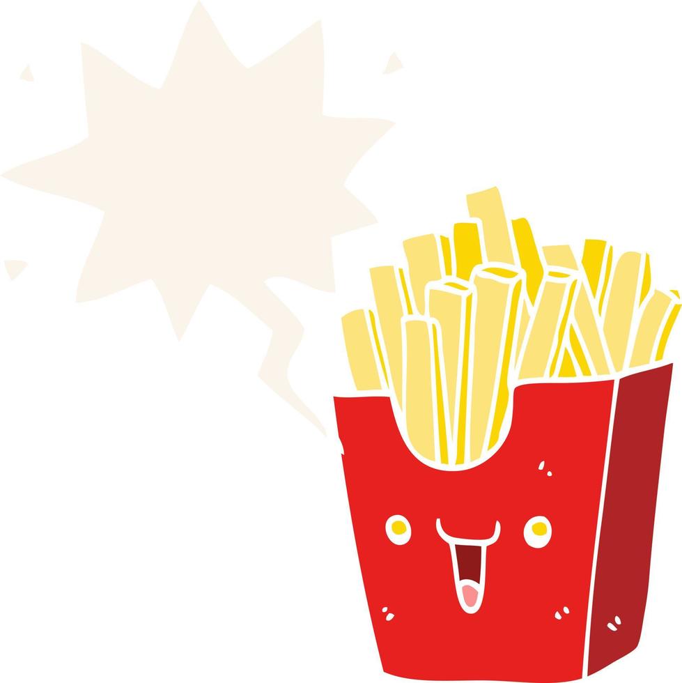 cute cartoon box of fries and speech bubble in retro style vector