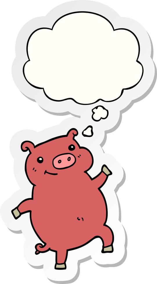 cartoon dancing pig and thought bubble as a printed sticker vector