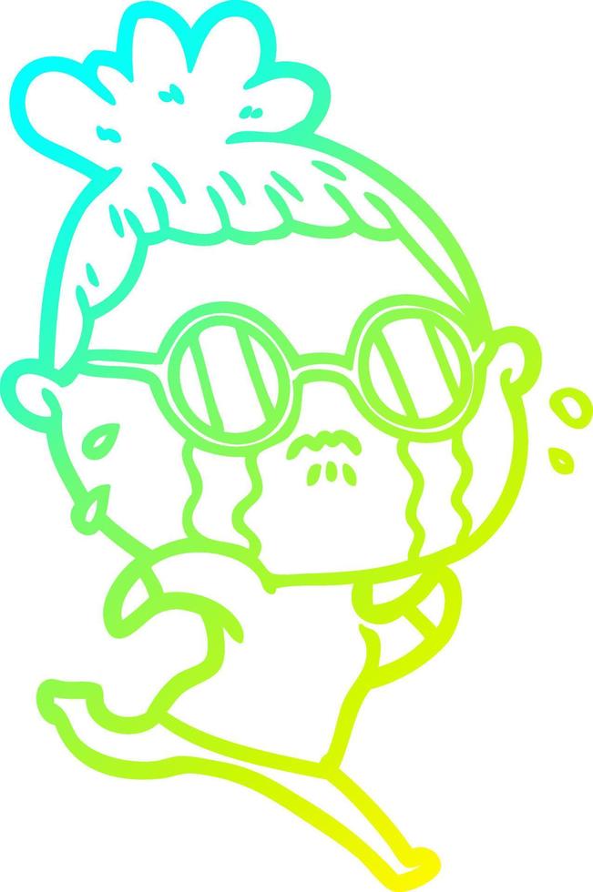 cold gradient line drawing cartoon crying woman wearing spectacles vector