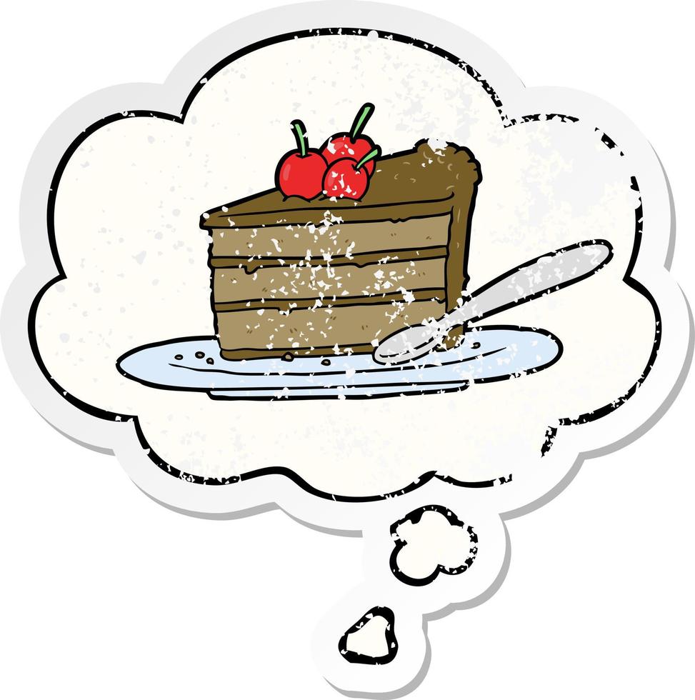 cartoon chocolate cake and thought bubble as a distressed worn sticker vector