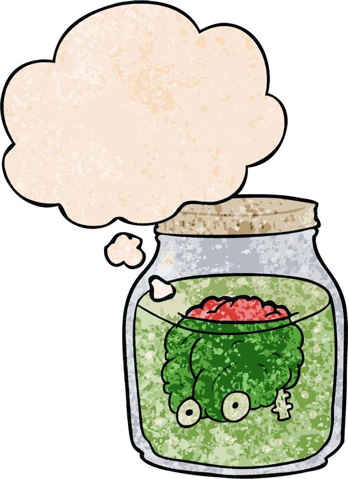 cartoon spooky brain in jar and thought bubble in grunge texture pattern style vector