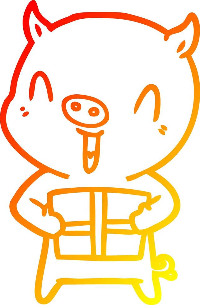 warm gradient line drawing happy cartoon pig with xmas present vector