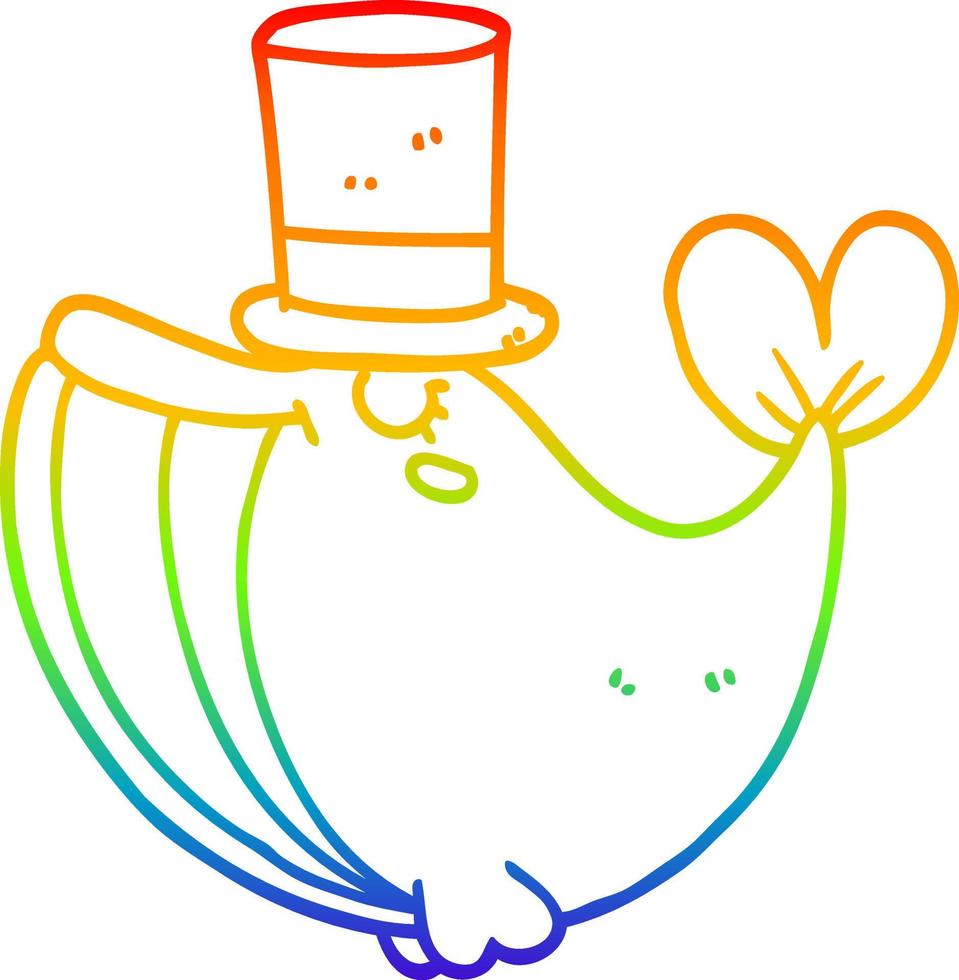 rainbow gradient line drawing cartoon whale with top hat vector