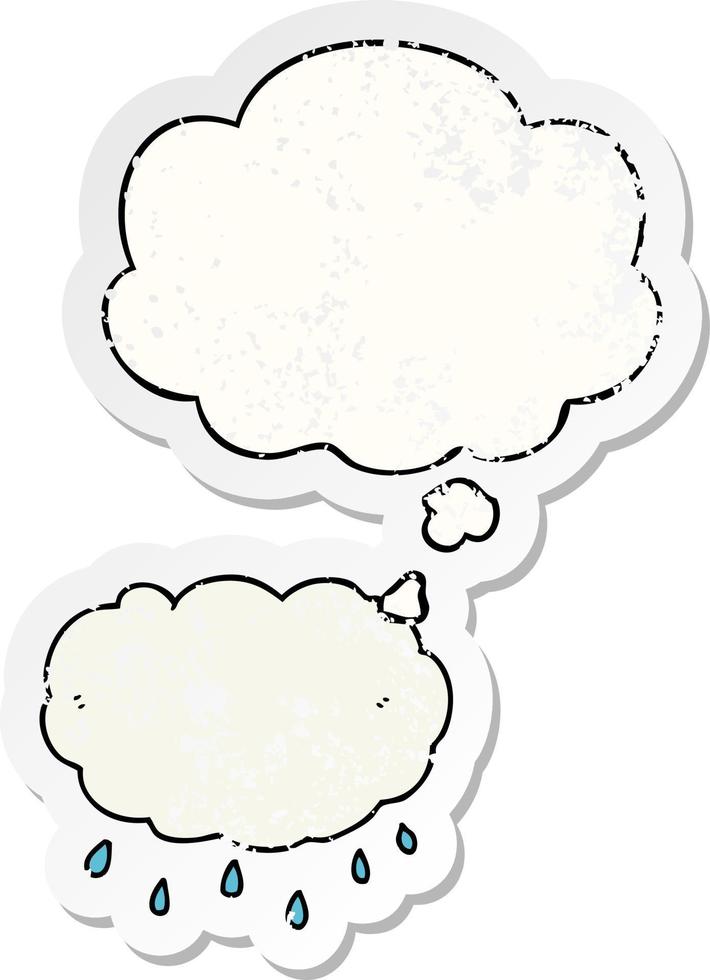 cartoon rain cloud and thought bubble as a distressed worn sticker vector