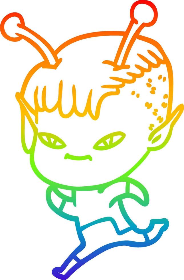 rainbow gradient line drawing cute cartoon alien girl vector