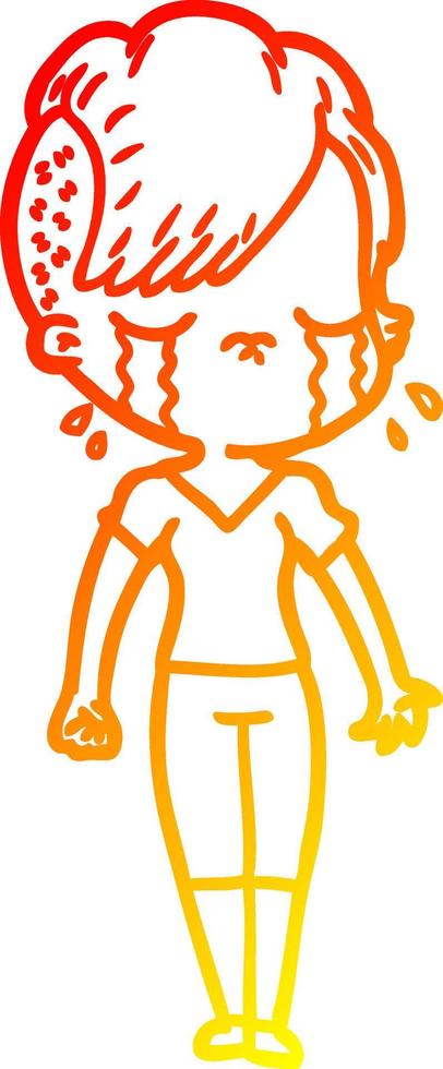 warm gradient line drawing cartoon crying girl vector