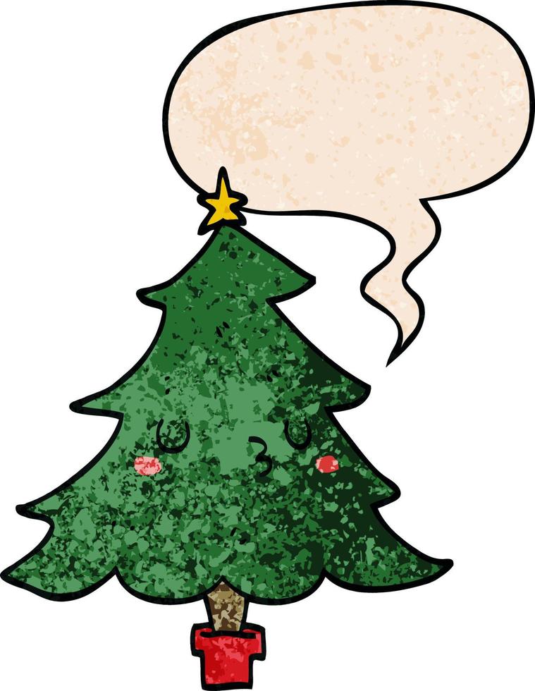 lindo árbol de navidad de dibujos animados y burbuja de habla en estilo de textura retro vector