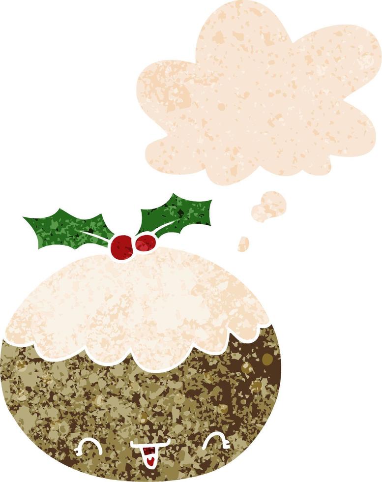 cute cartoon christmas pudding and thought bubble in retro textured style vector