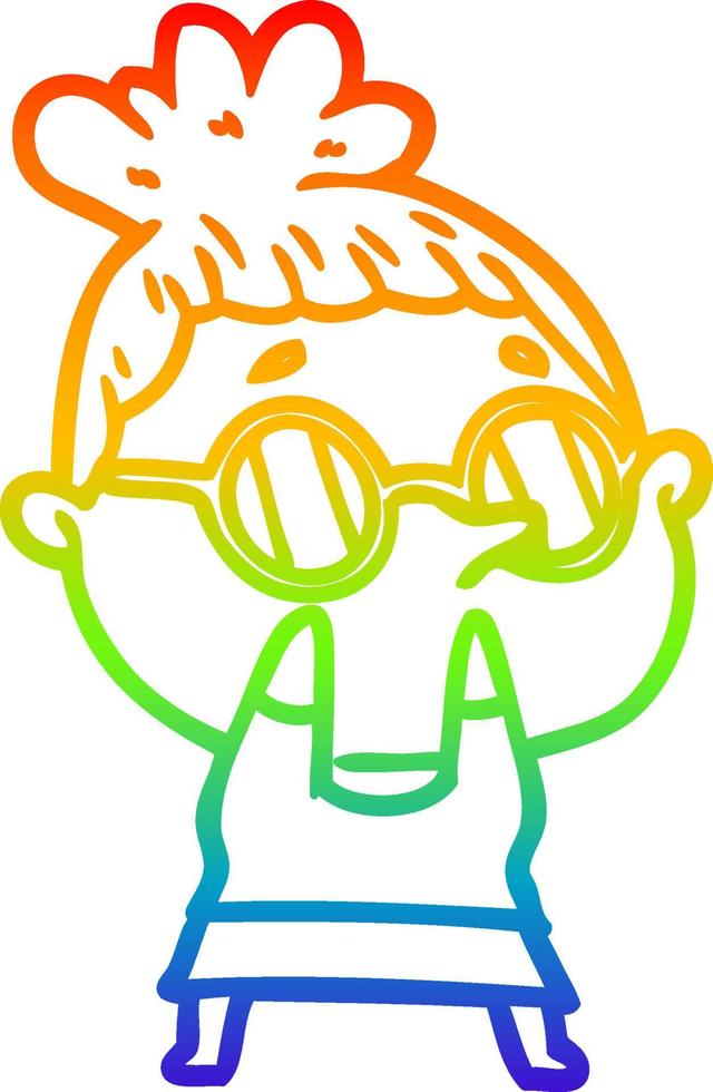 rainbow gradient line drawing cartoon woman wearing glasses vector