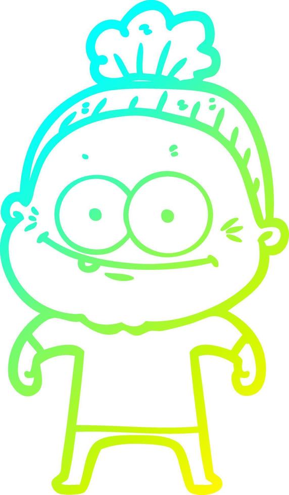 cold gradient line drawing cartoon happy old woman vector