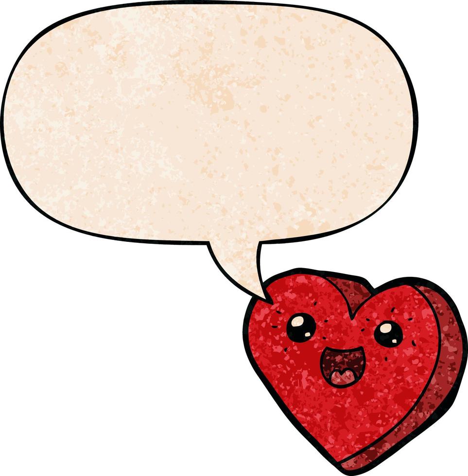 personaje de dibujos animados de corazón y burbuja de habla en estilo de textura retro vector