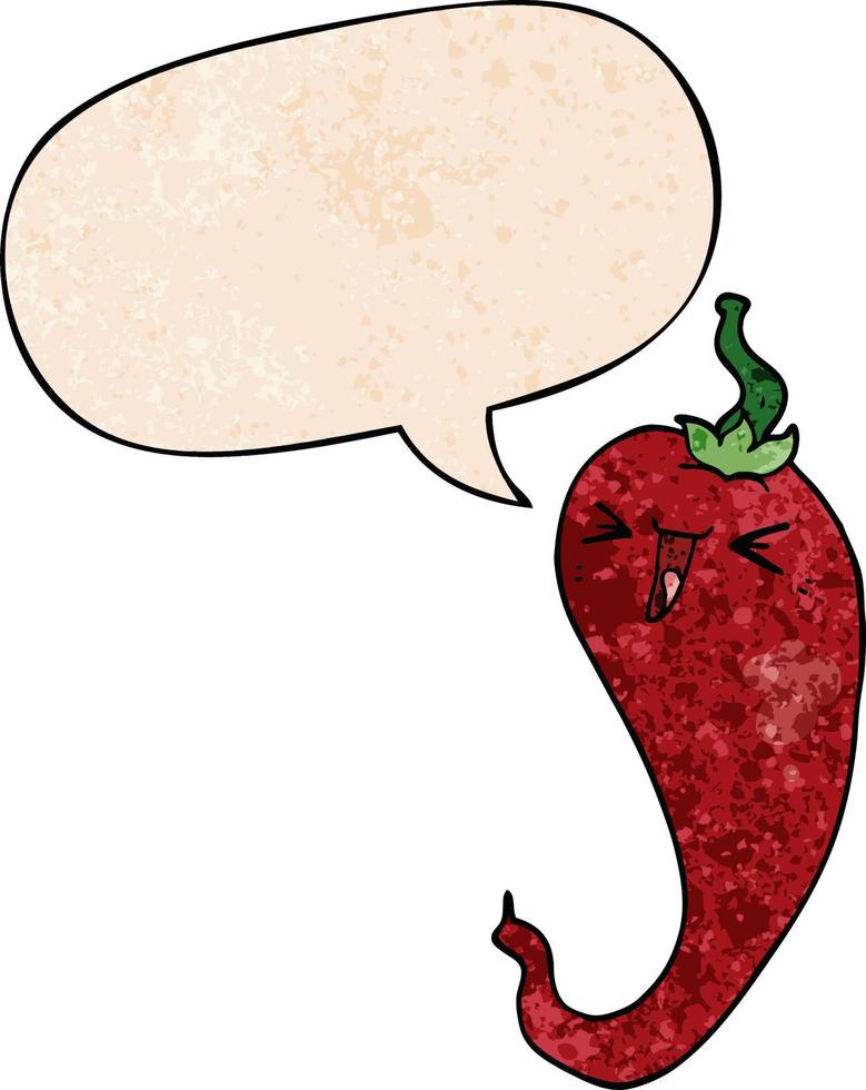 Cartoon hot chili pepper y bocadillo de diálogo en estilo de textura retro vector