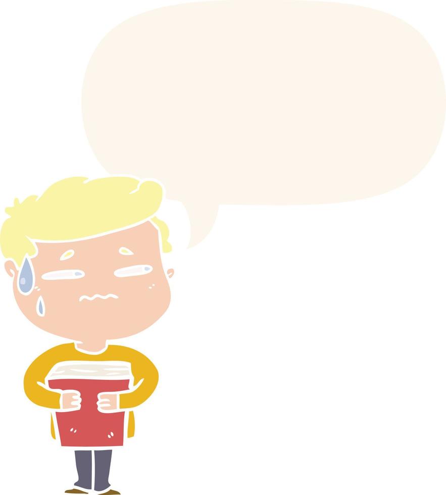 cartoon anxious boy carrying book and speech bubble in retro style vector