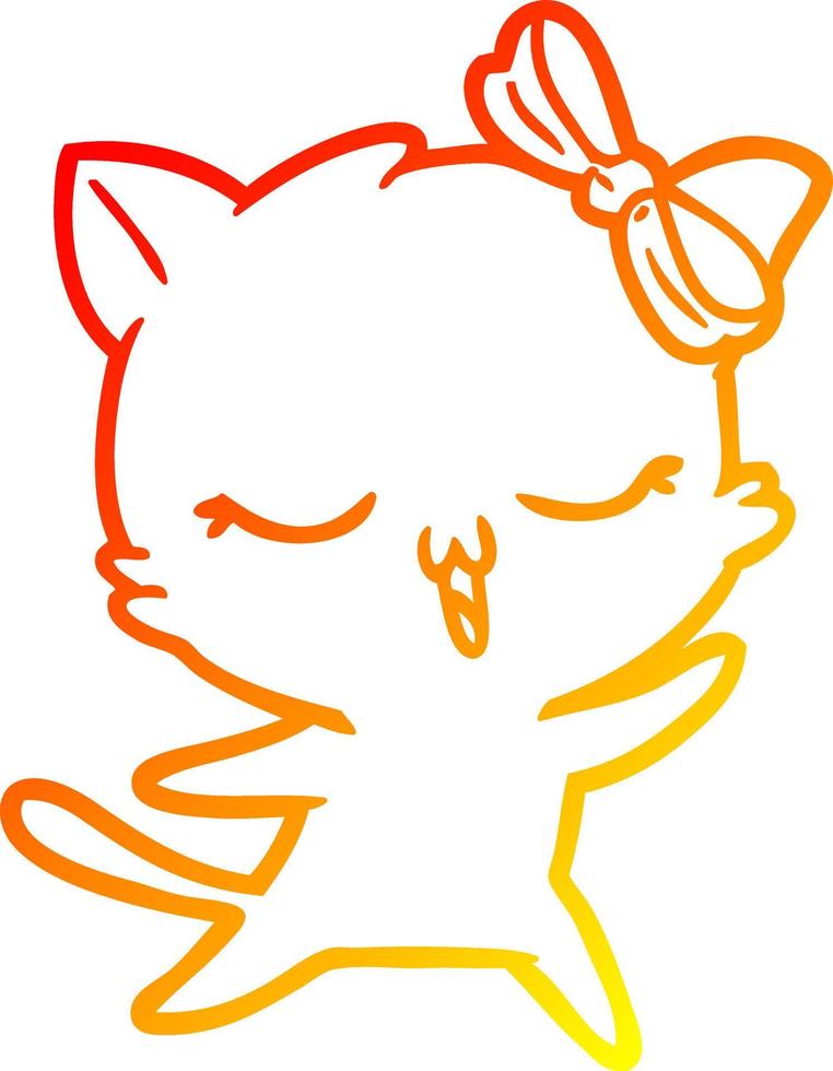 dibujo de línea de gradiente cálido gato bailando de dibujos animados con lazo en la cabeza vector