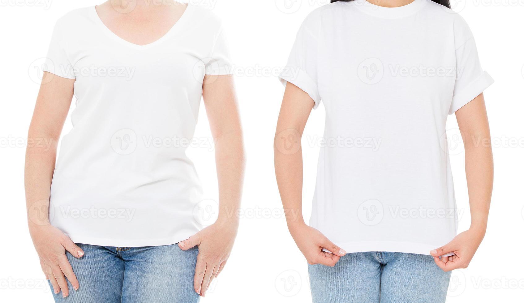 Maqueta de camiseta blanca de mujer, camiseta en blanco vacía, chica en espacio de copia de camiseta en blanco, camiseta blanca aislada en collage de fondo blanco o set foto