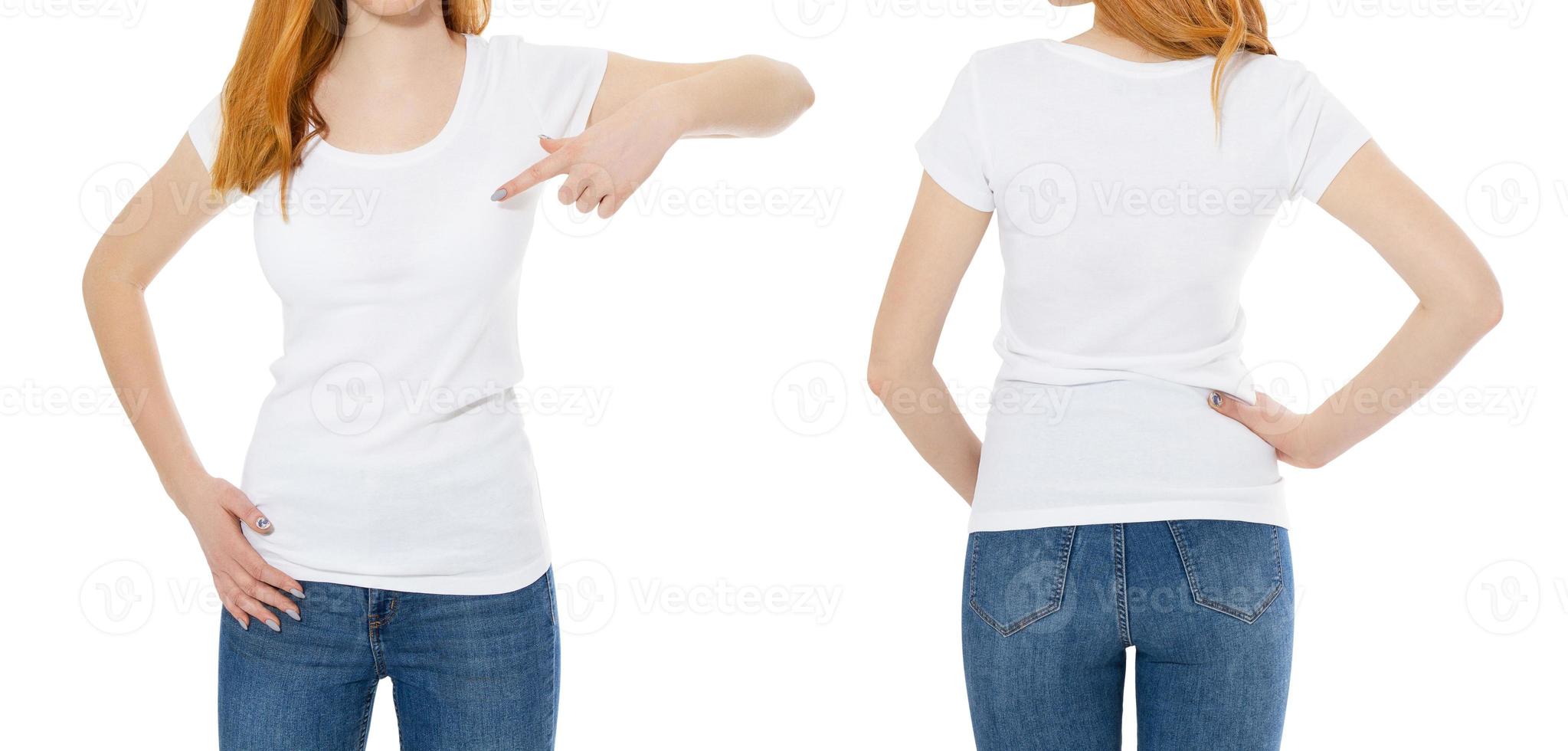 vistas frontales y traseras de una joven pelirroja con una camiseta elegante de fondo blanco. maqueta para niña de camiseta de diseño foto