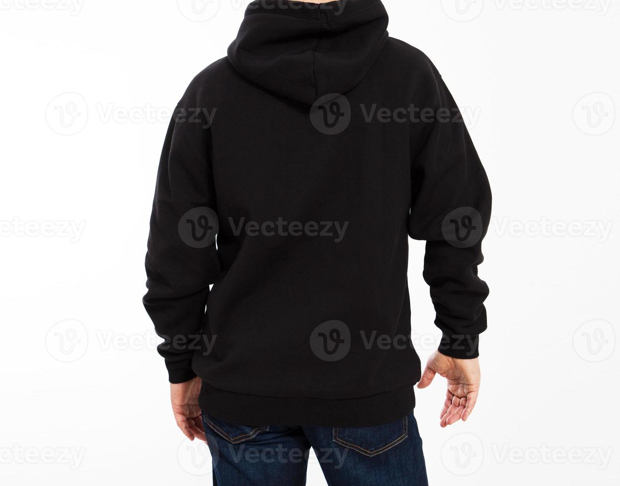 Rear view of hooded male man person isolated on white background with copy space mock up photo
