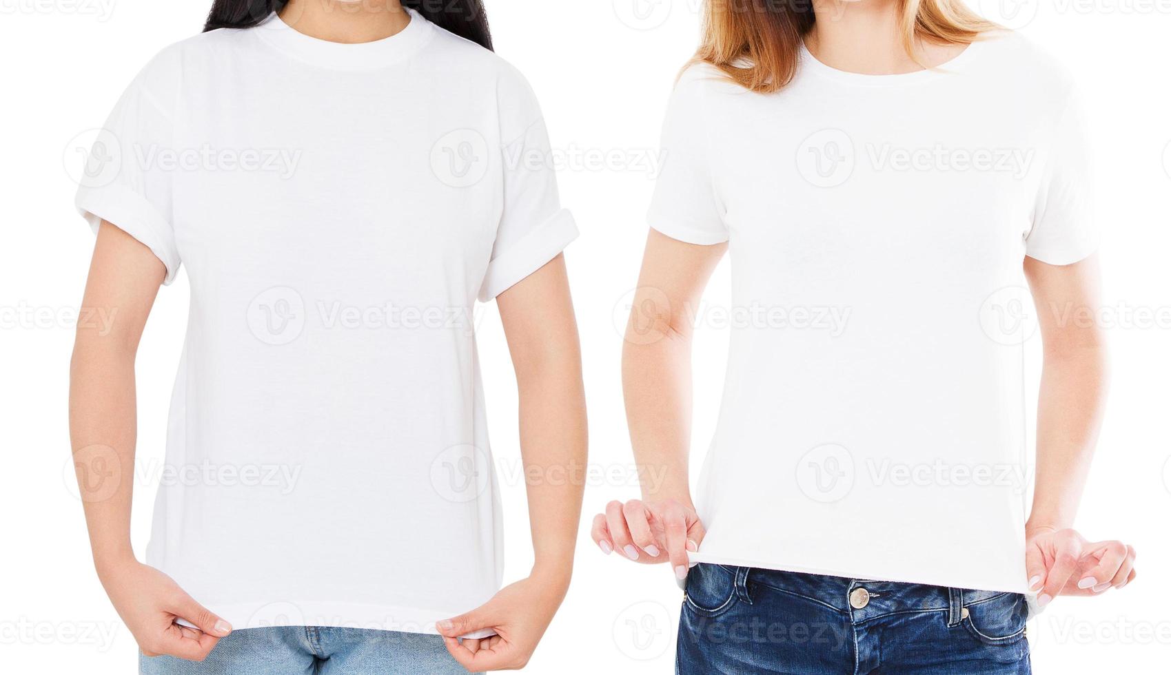 conjunto de camisetas, mujer con camiseta aislada de fondo blanco foto