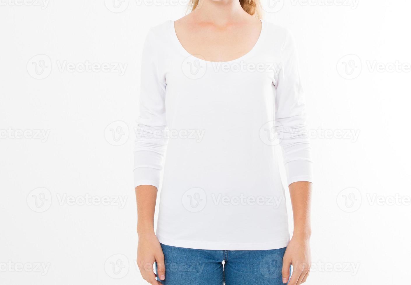 Midsection of young woman wearing blank tshirt on white background, girl in t-shirt mock up isolated photo