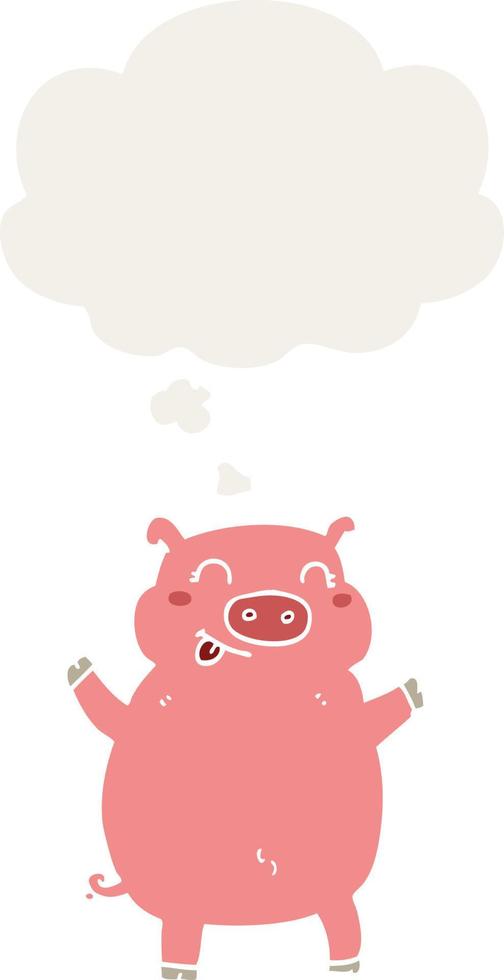 cerdo de dibujos animados y burbuja de pensamiento en estilo retro vector