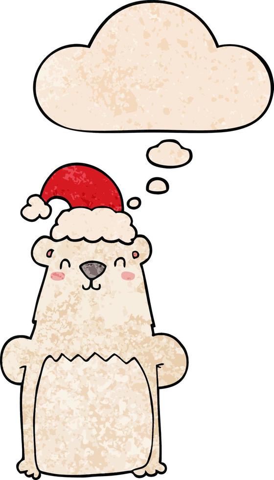 cartoon bear wearing christmas hat and thought bubble in grunge texture pattern style vector