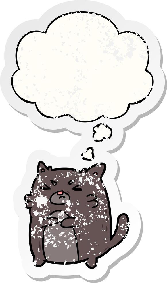 cartoon angry cat and thought bubble as a distressed worn sticker vector