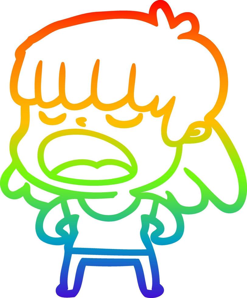 rainbow gradient line drawing cartoon woman talking loudly vector