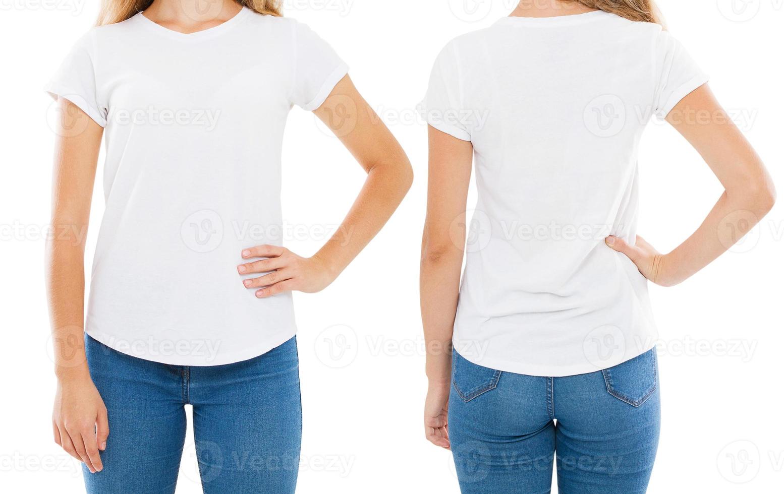 woman in t-shirt isolated on white background front back photo