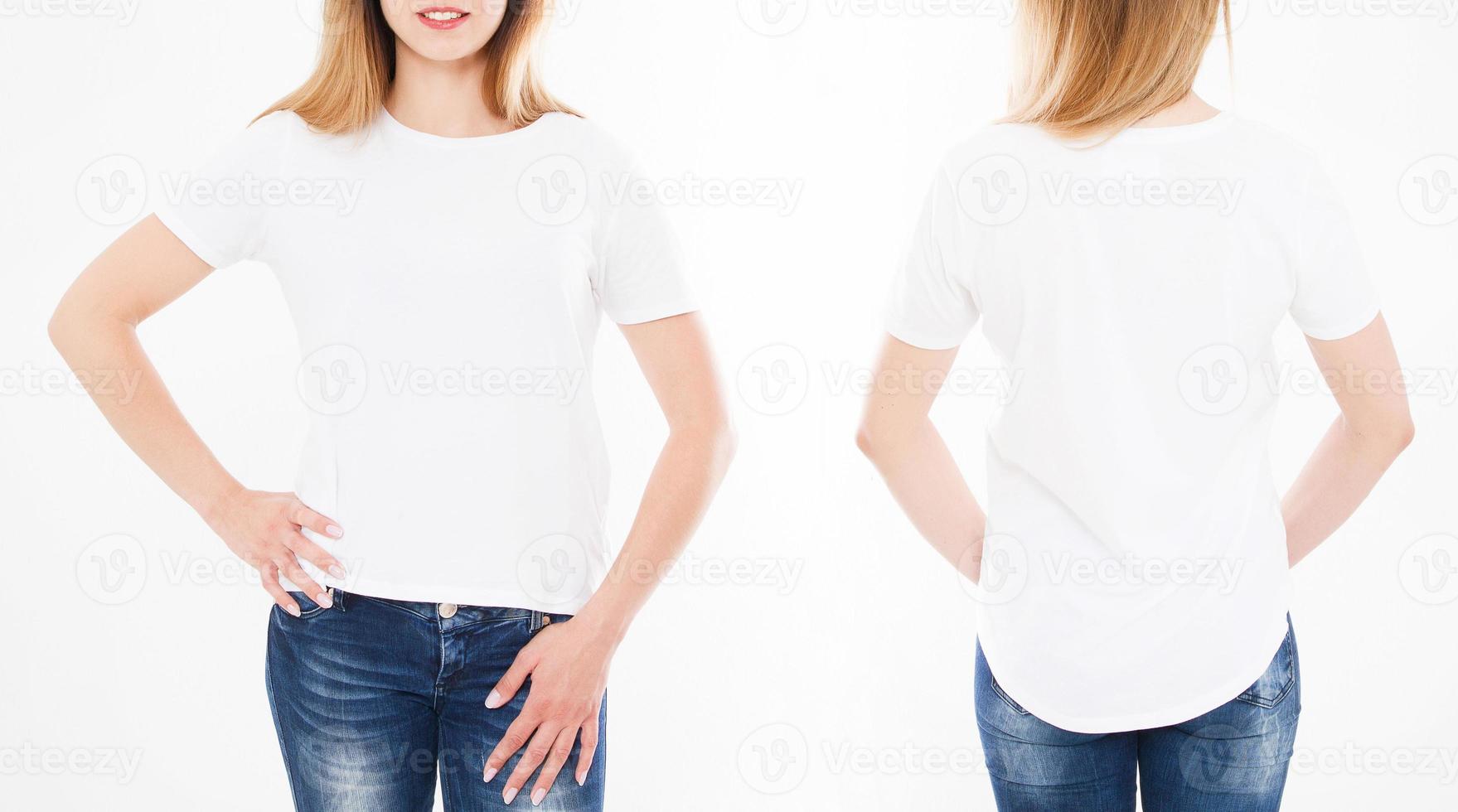 Front and back views of pretty woman, girl in stylish tshirt on white background. Mock up for design. Copy space. Template. Blank photo