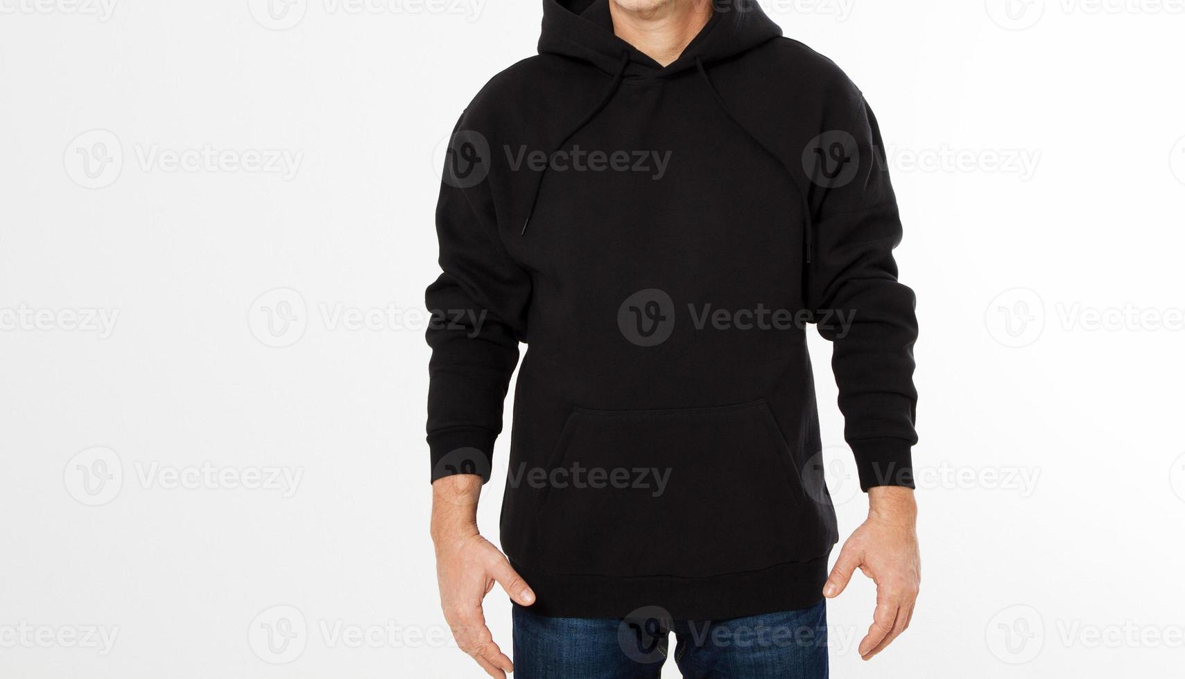 Man in black sweatshirt, black hoodies front isolated, mock up,copy space cropped image photo