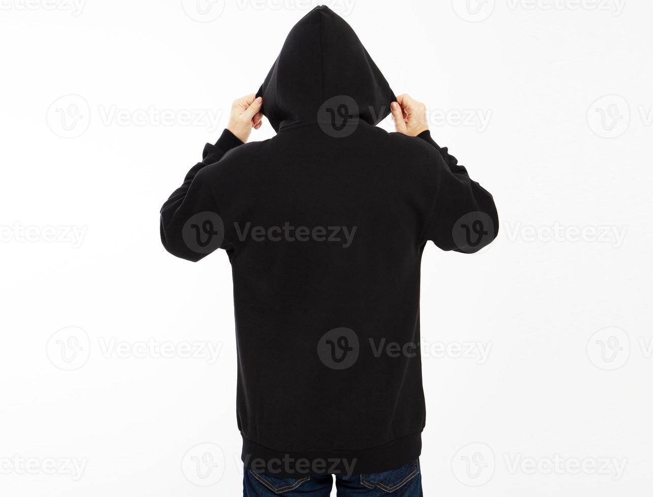 Rear view of hooded male person isolated on white background with copy space mock up photo