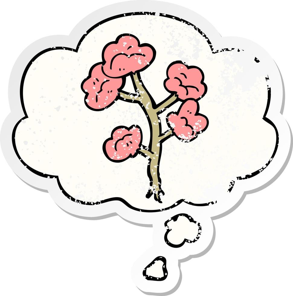 cartoon flowers and thought bubble as a distressed worn sticker vector