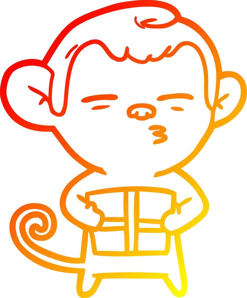 warm gradient line drawing cartoon suspicious monkey with present vector