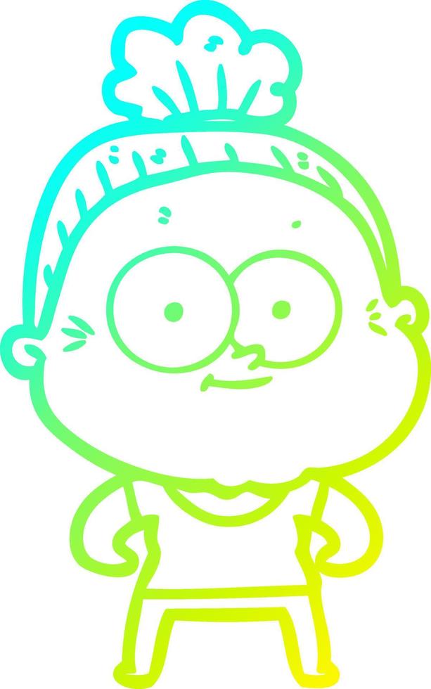 cold gradient line drawing cartoon happy old woman vector