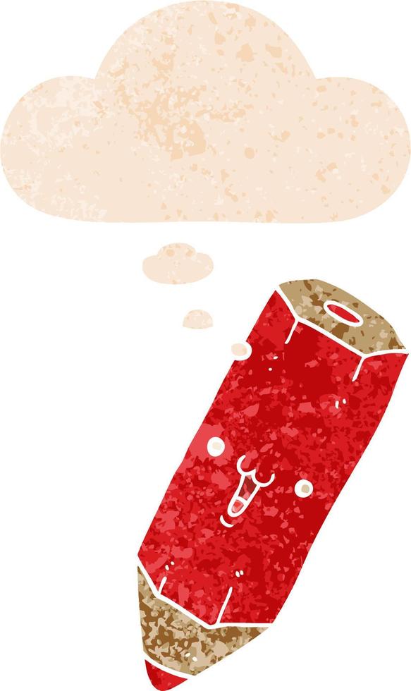 happy cartoon pencil and thought bubble in retro textured style vector