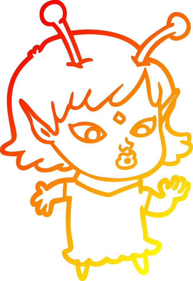 warm gradient line drawing pretty cartoon alien girl vector