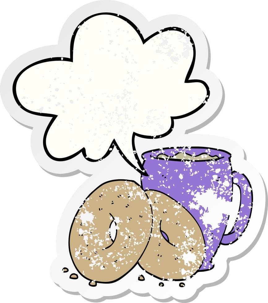 cartoon coffee and donuts and speech bubble distressed sticker vector