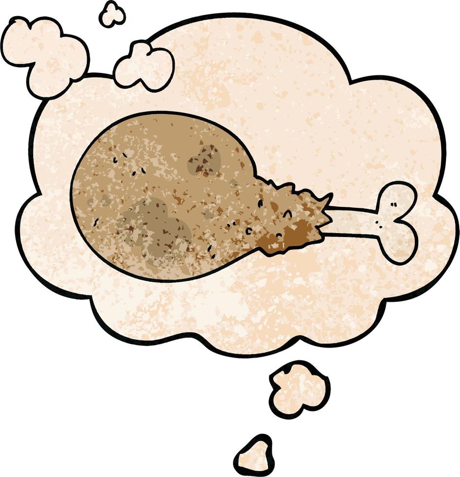 cartoon cooked chicken leg and thought bubble in grunge texture pattern style vector